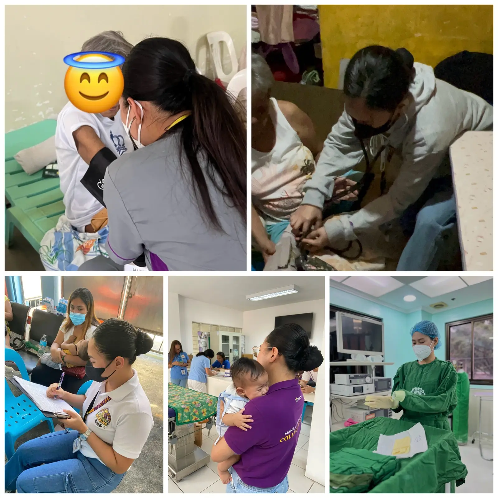A collage of Ladylourds caring for patients, assisting in community settings, and preparing for clinical practice